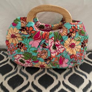Vera Bradley Kelly Purse, Tropical Silk Floral with Wooden Handles, Like New.